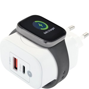 Weißer Schwaiger Ladeadapter mit USB-A/C Anschlüssen, Smartwatch lädt magnetisch. Handy-Zubehör.