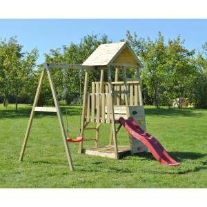 Wendi Toys Kinderspielturm Panda mit Rutsche, Kletterwand und Schaukel auf einer grünen Wiese.