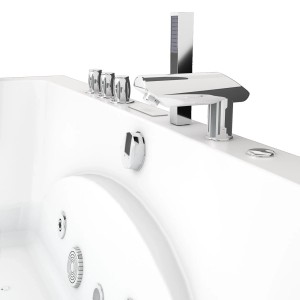 Detailansicht der AcquaVapore Eck-Badewanne W81H-TH-C 180x90 mit Armaturen und Düsen.