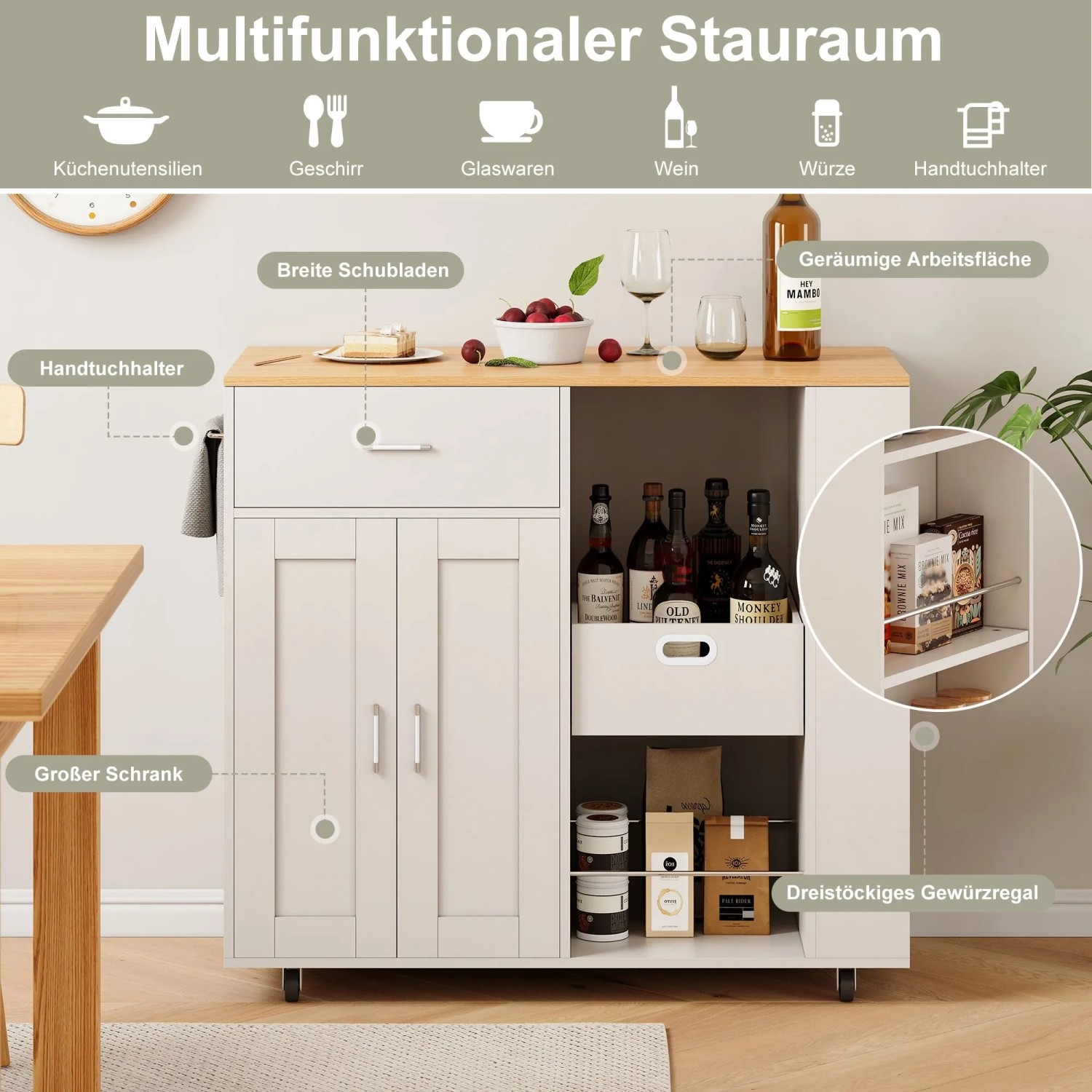 PXloue Küchenschrank auf Rollen-Sideboard mit Schublade Arbeitsplatte & Handtuchhalter Weiß_7