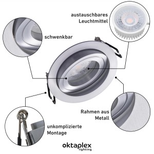 Oktaplex 12er Set Einbaustrahler Aluminium Lyon Schwenkbar Stufenlos Dimmbar 3000K Warmweiß 380lm 5W Deckenspot