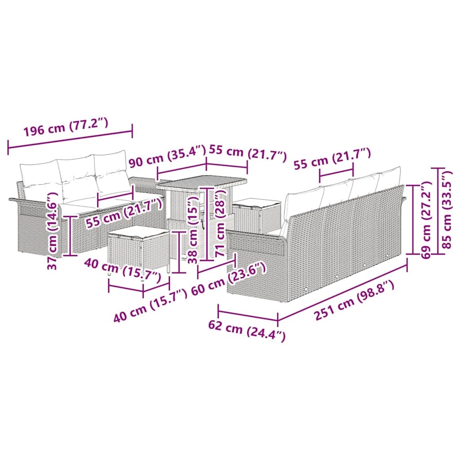 vidaXL Gartenmöbel-Set, grau, 10-teilig, mit Sofa, Tisch und Hockern. Abmessungen siehe Bild.