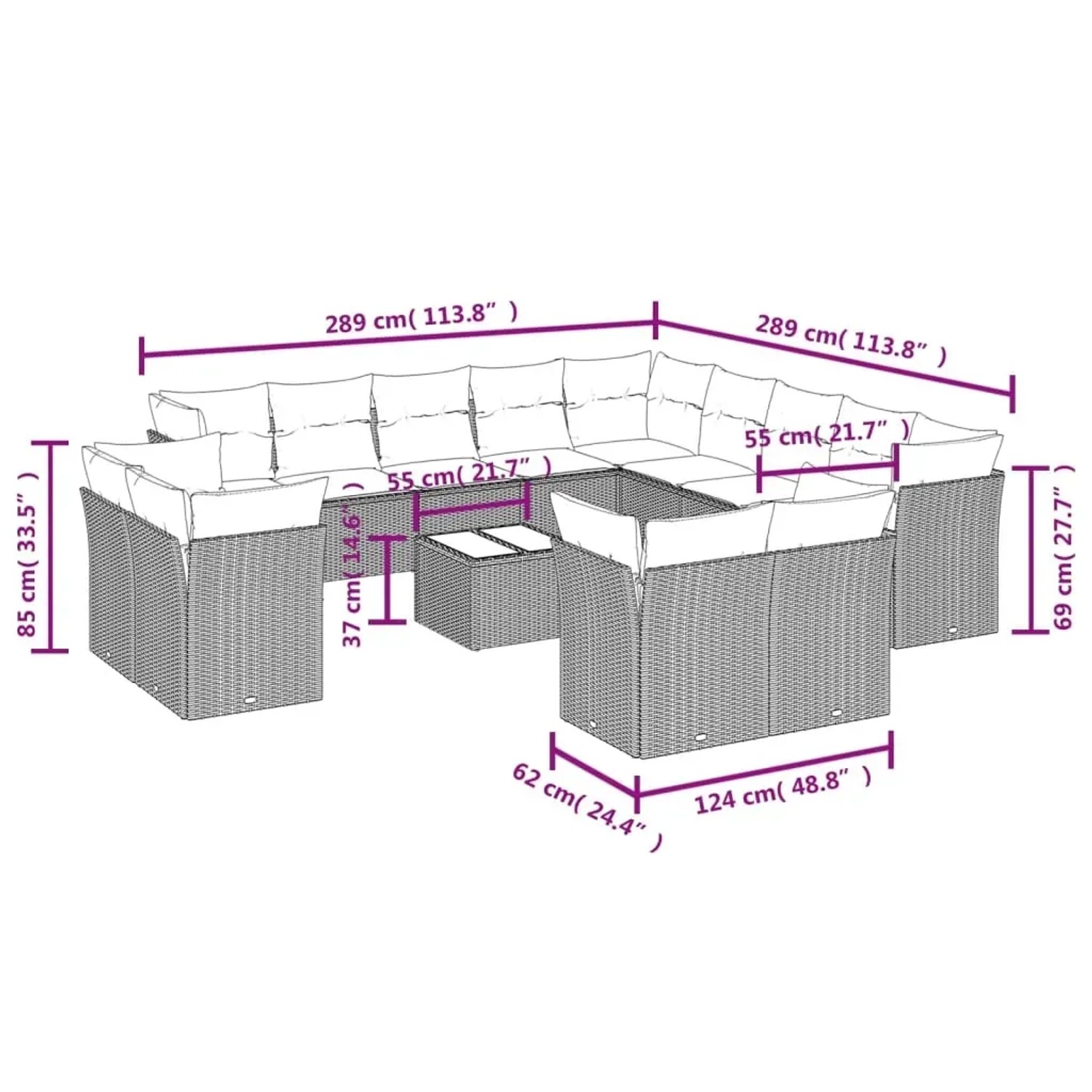 Graue 14-tlg. vidaXL Garten-Sofagarnitur aus Polyrattan mit Kissen und Tisch, Maße eingezeichnet.