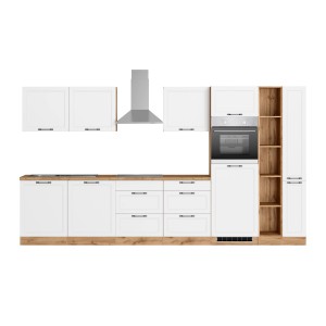 Moderne Held Küchenzeile Kempten 360 cm in Weiß/Wotan mit E-Geräten.