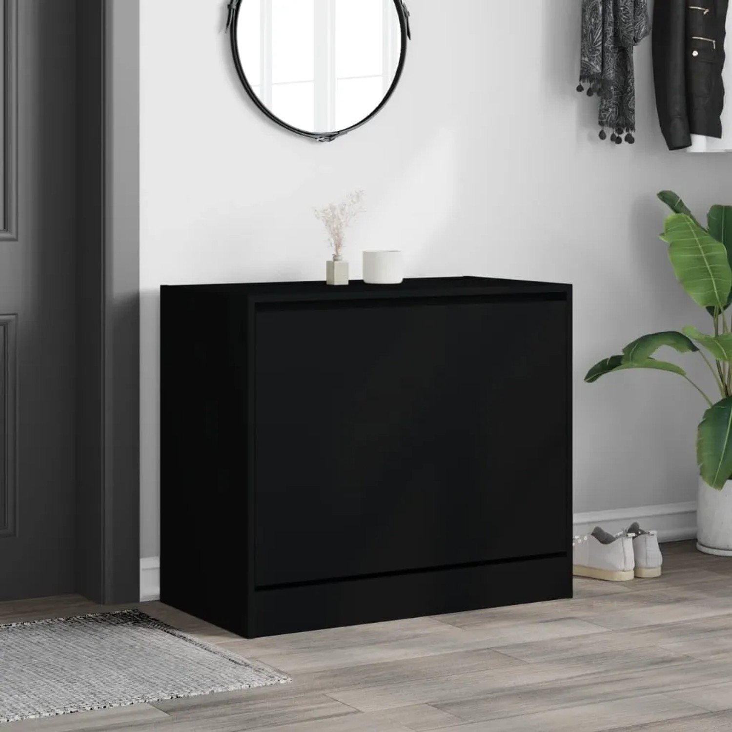 Schwarzer vidaXL Schuhschrank (80x42x69 cm) aus Holzwerkstoff. Schuhkipper mit Stauraum für Schuhe.