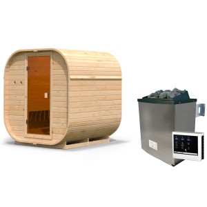 Karibu Fasssauna Quadro 1 mit Ofen (9 kW, extern, naturbelassen). Massivholzsauna mit Ofen und Steuerung.