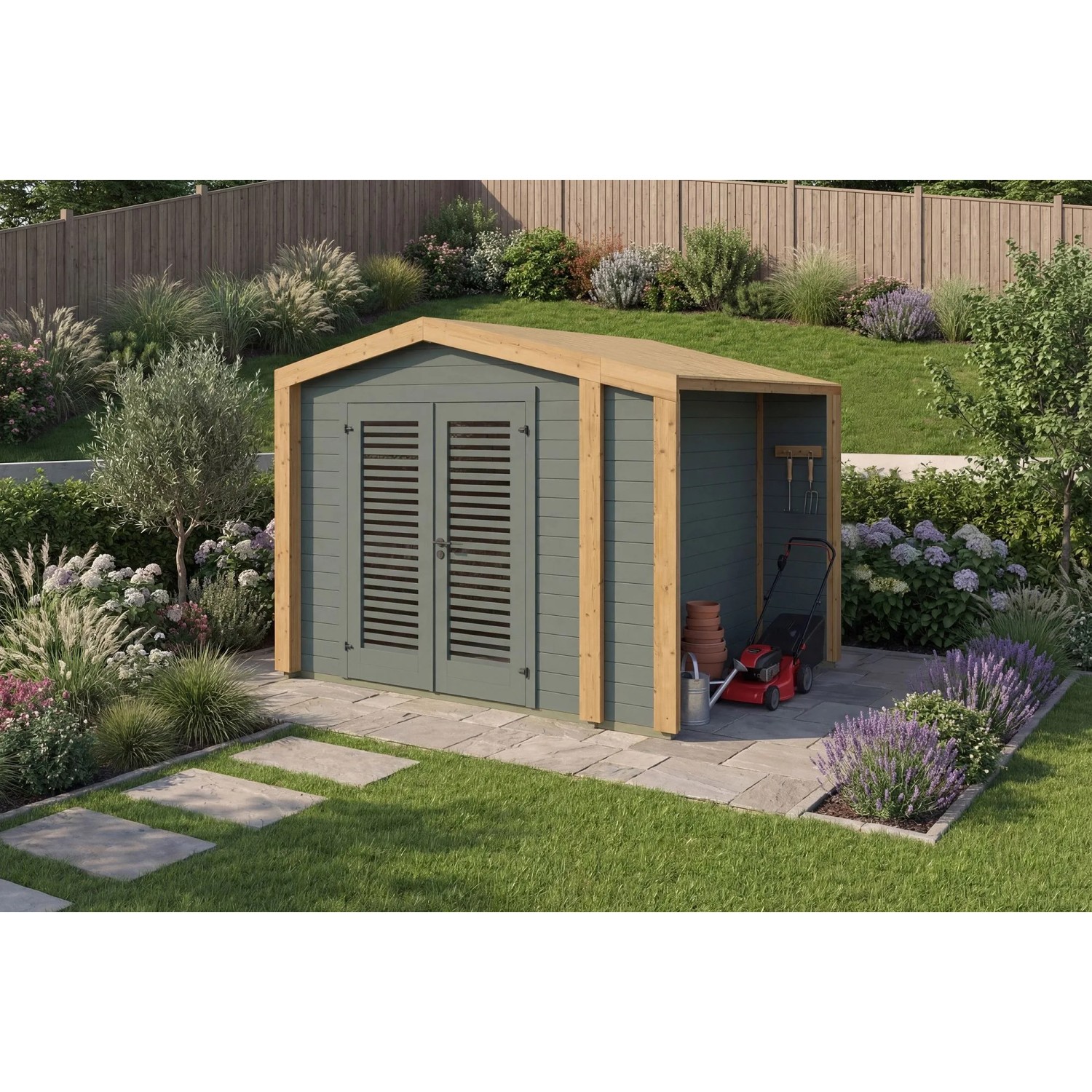 Weka Holz-Gartenhaus Killarney Satteldach Grau-Grün Lasiert 311 cm x 263 cm