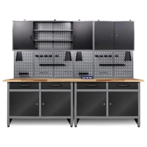 Ondis24 Werkstatt Set Werner, 240 cm, mit Werkbänken, Schränken und Lochwänden für Werkzeug.
