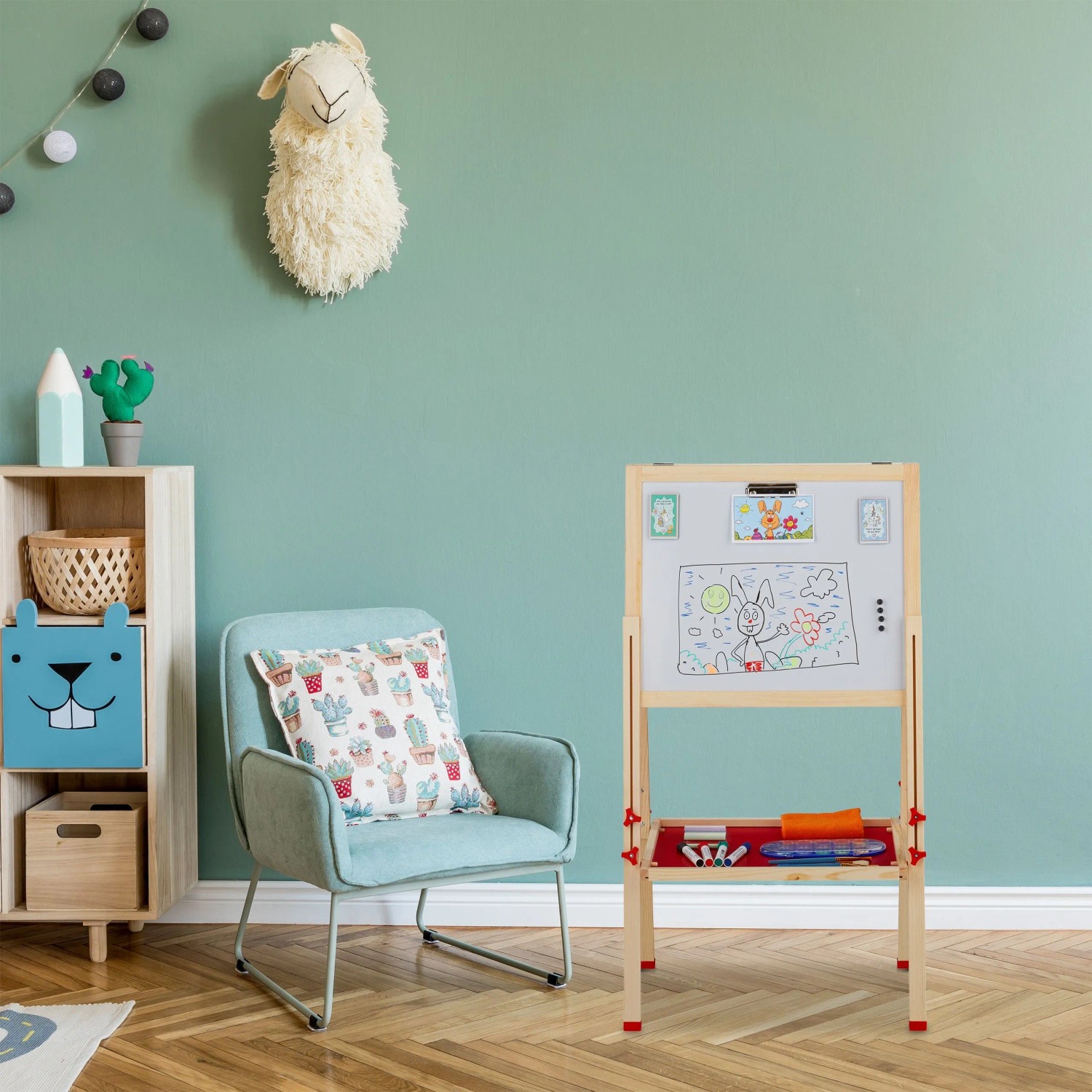 Höhenverstellbare Relaxdays Standtafel für Kinder, doppelseitig mit Whiteboard und Kreidetafel.