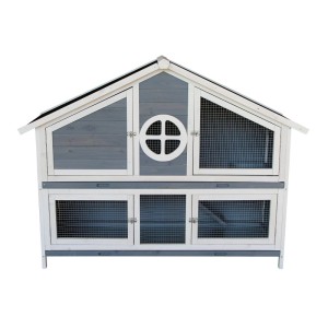 Graublauer Kaninchenstall mit weißem Rahmen, 2 Ebenen, Gittertüren und Villendesign. Ideal als Hasenvilla.