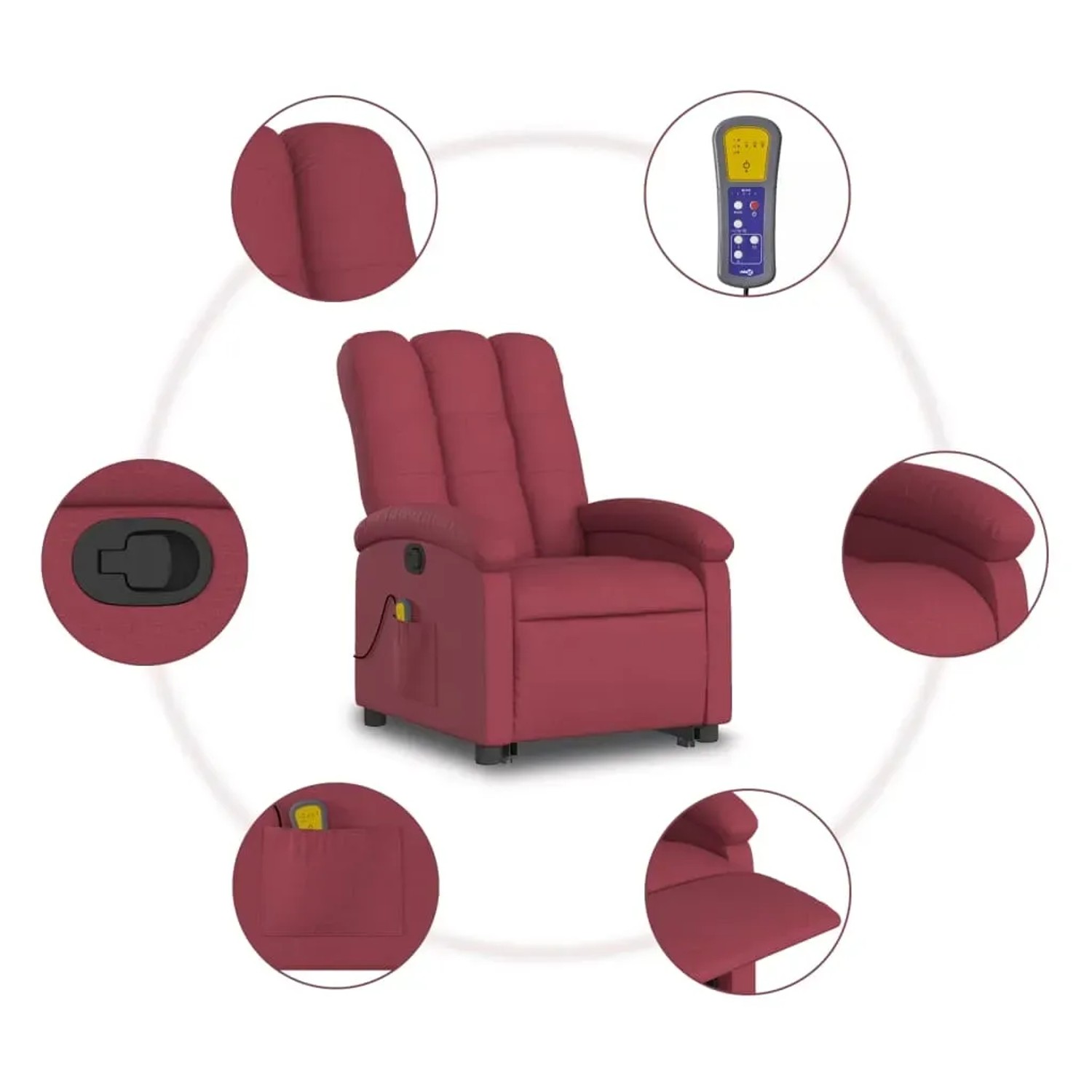 vidaXL Massagesessel mit Aufstehhilfe, weinrot, Stoff, mit Details und Fernbedienung.