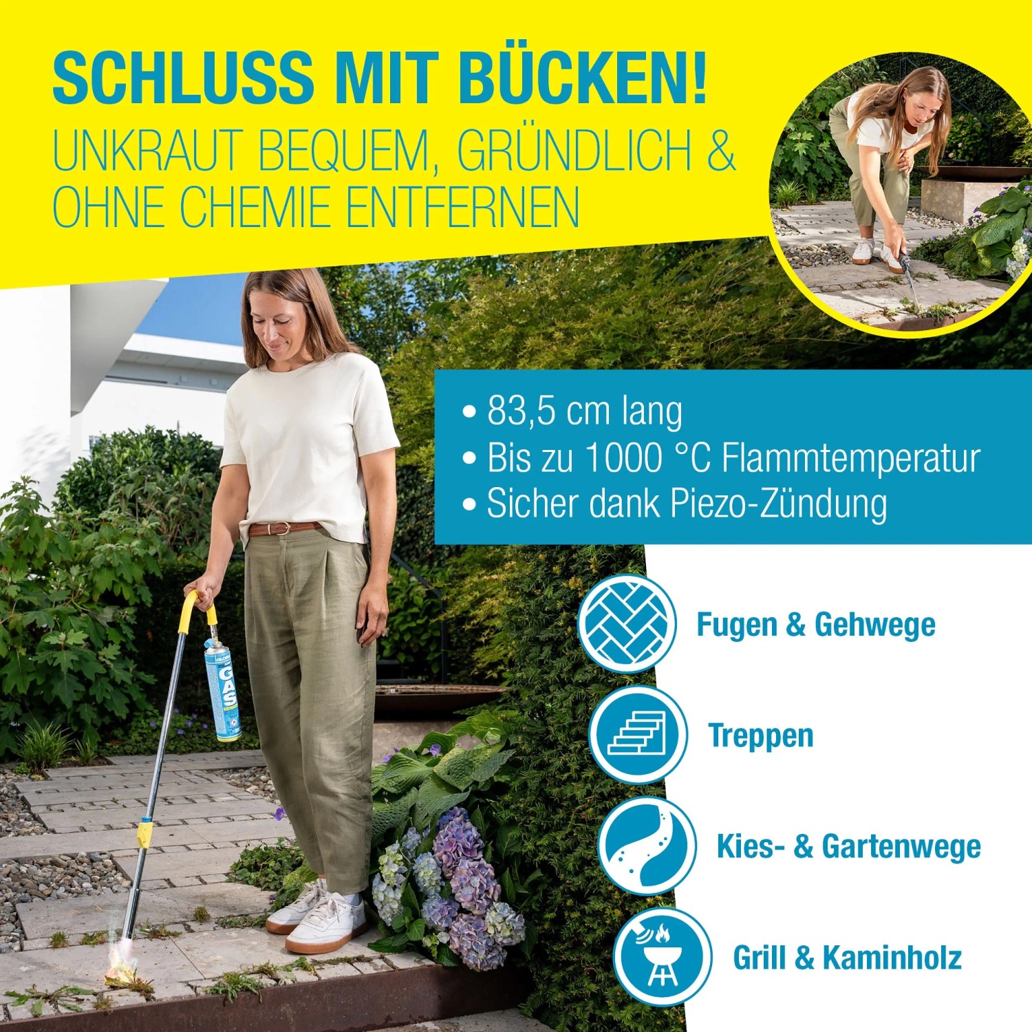 Gloria Thermoflamm bio Classic Plus Unkrautbrenner mit Gaskartusche im Einsatz.