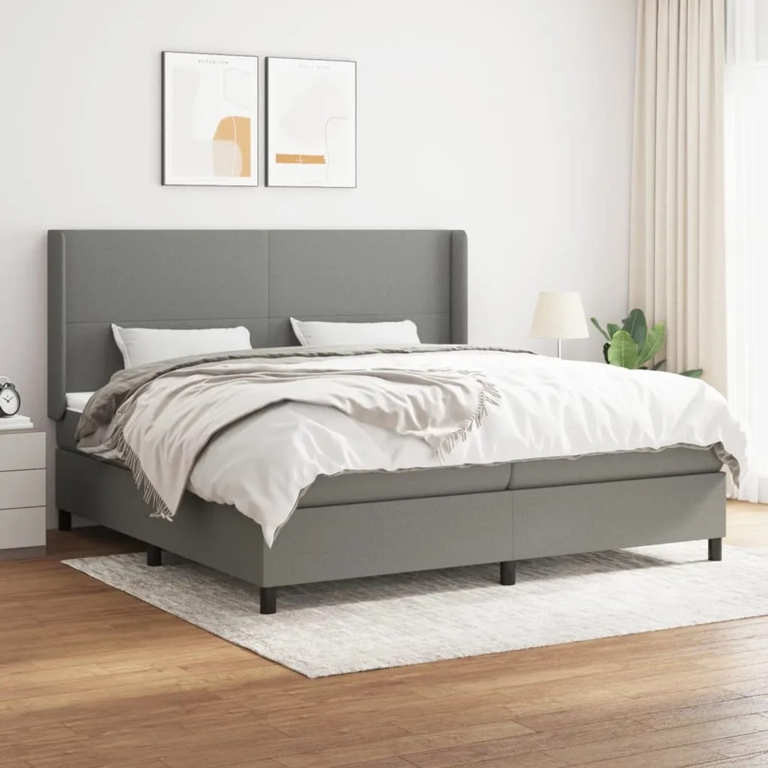 Dunkelgraues vidaXL Boxspringbett 200x200 cm mit Matratze und hohem Kopfteil.