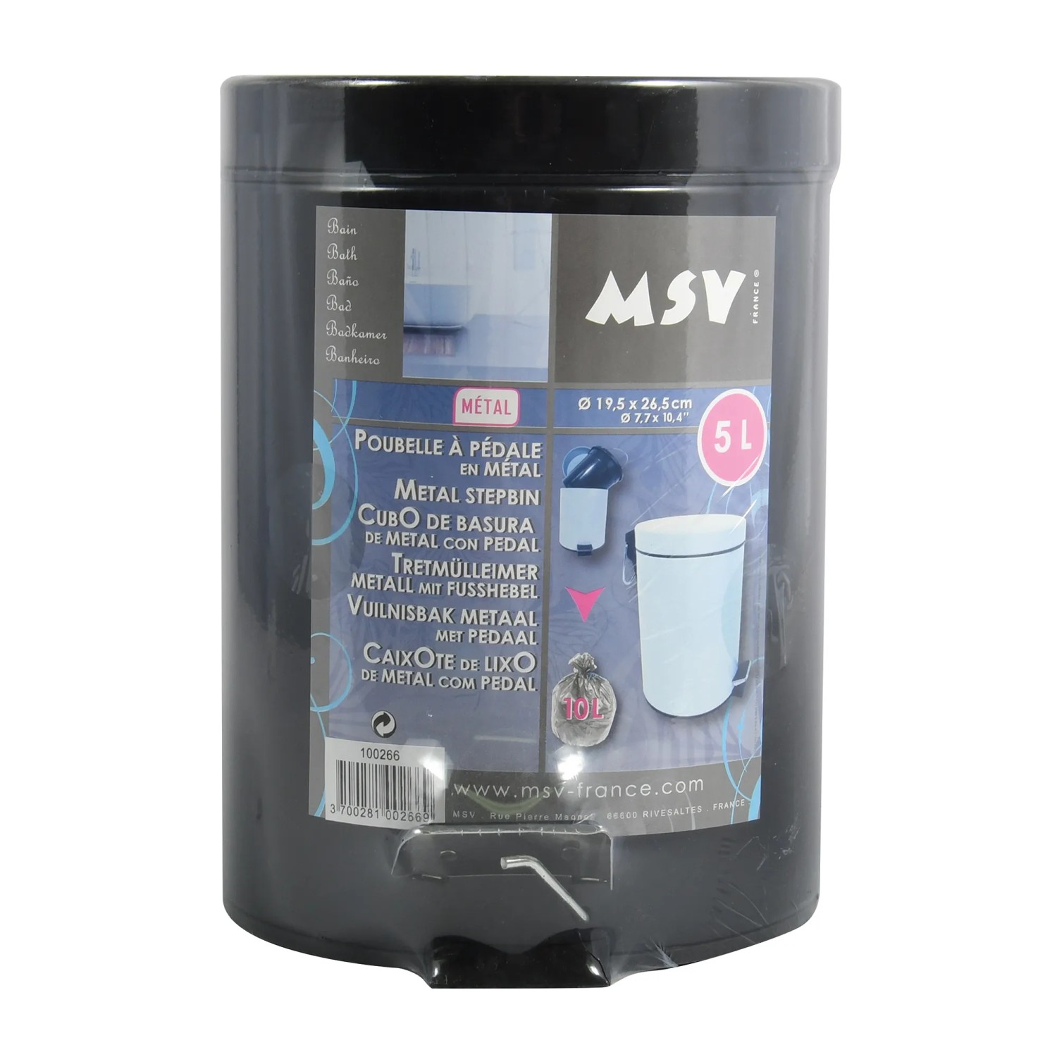 Schwarzer MSV Kosmetikeimer aus Edelstahl, 5 Liter Fassungsvermögen, mit Pedal und Slow-Close-Deckel.