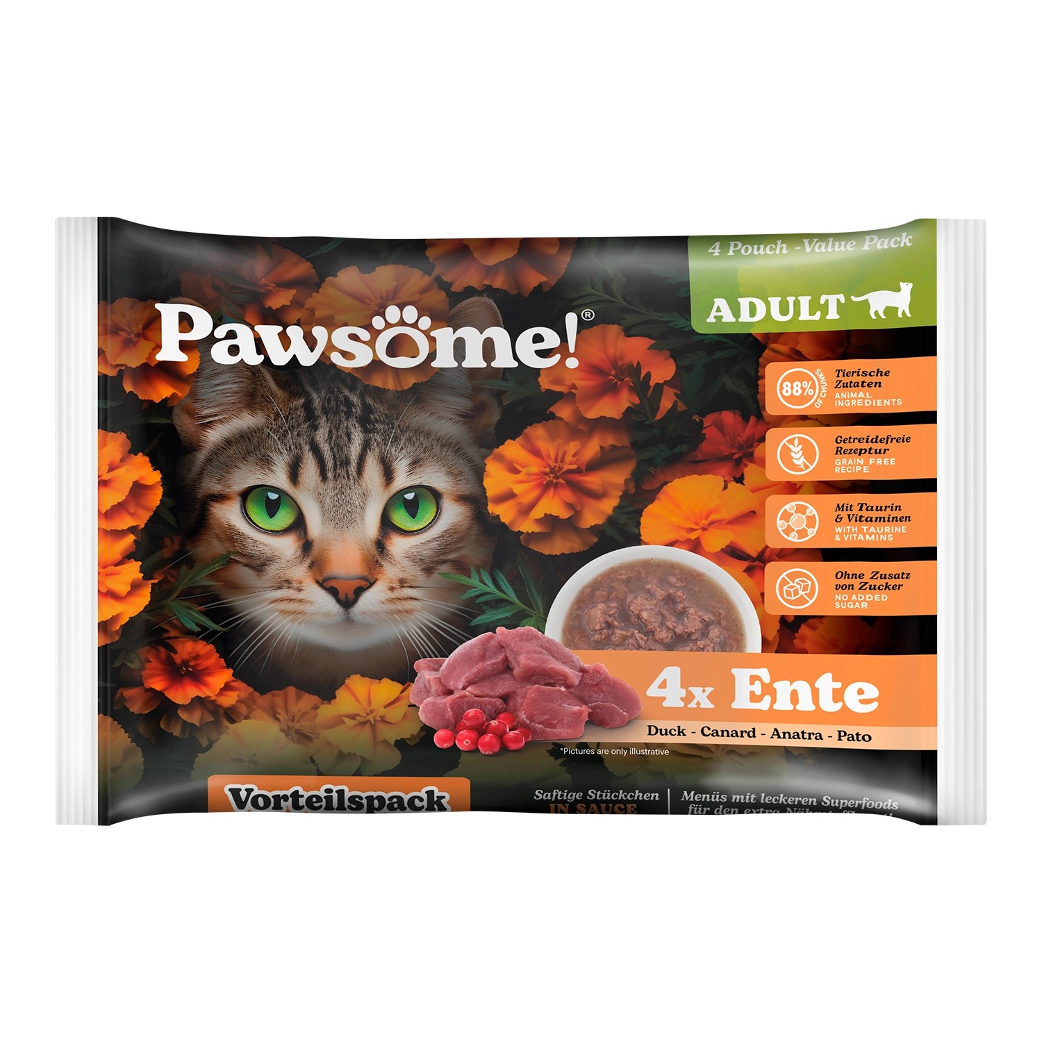 Pawsome Katzen-Nassfutter Adult Ente 85 g 4er Flowpack