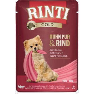Rinti Gold Hunde-Nassfutter Huhn & Rind, 100g. Alleinfutter mit Fleischstückchen für Feinschmecker.