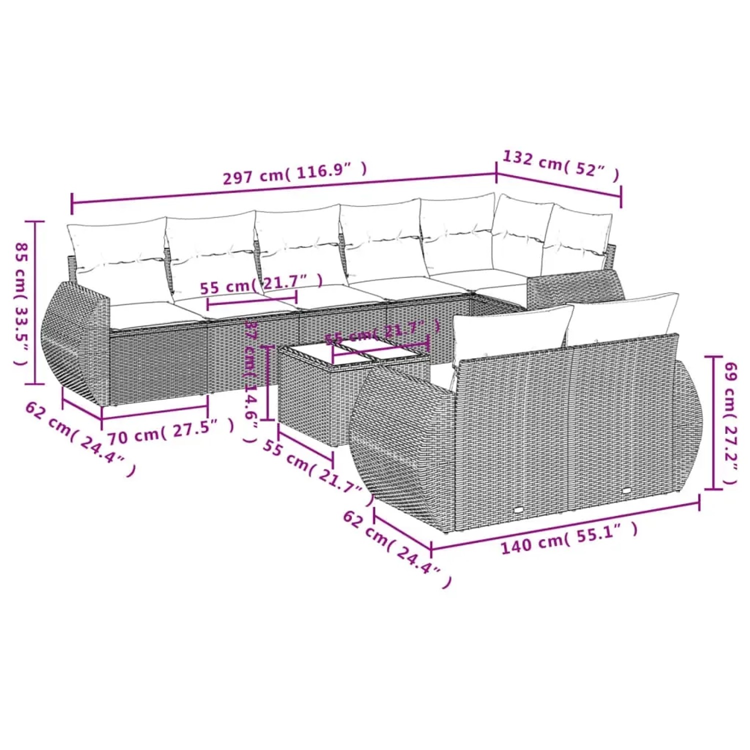 Braune 9-teilige vidaXL Garten-Sofagarnitur aus Polyrattan mit Kissen.
