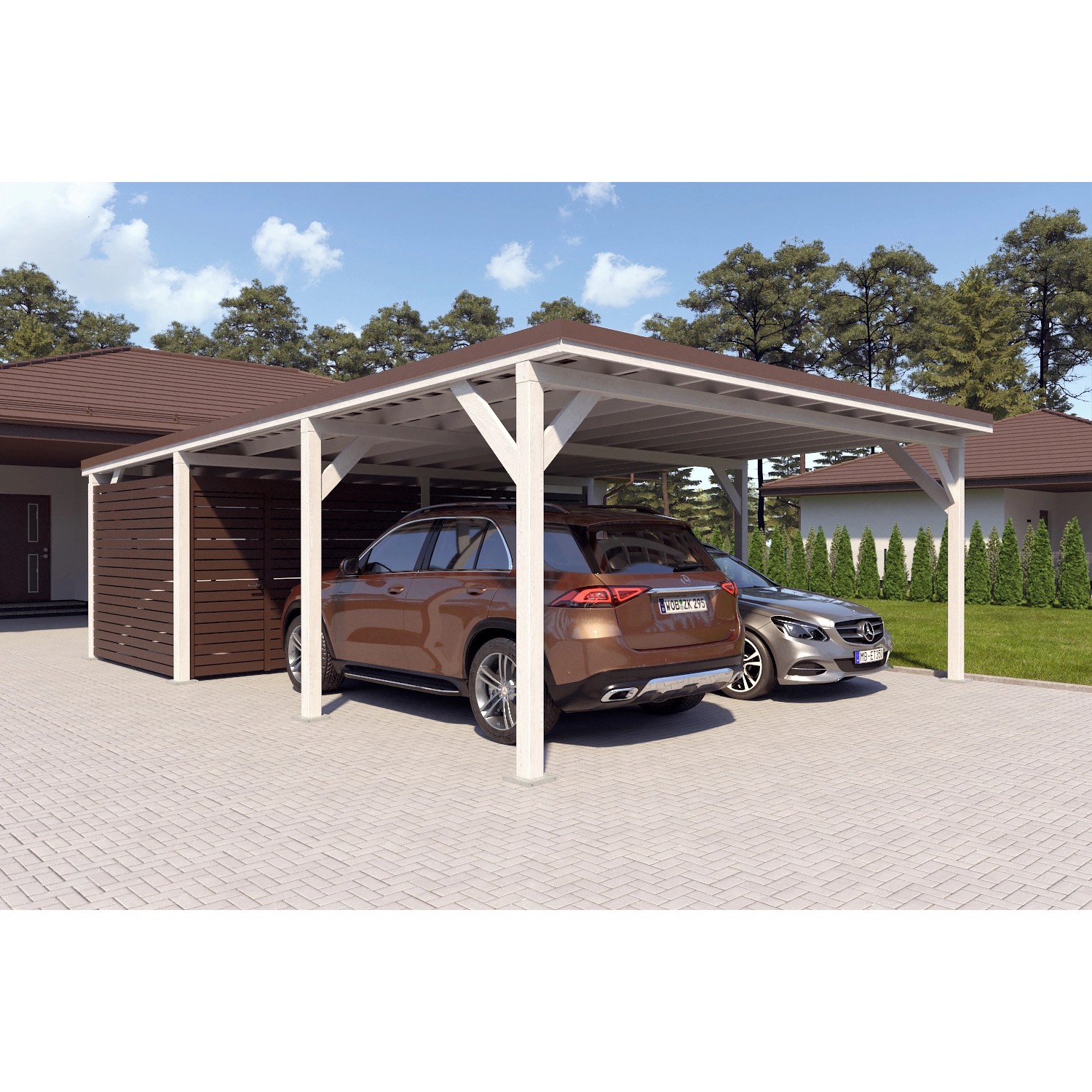 Holzbrüder Carport Ralf 52m² mit Geräteraum Reinweiß-Dunkelbraun günstig online kaufen