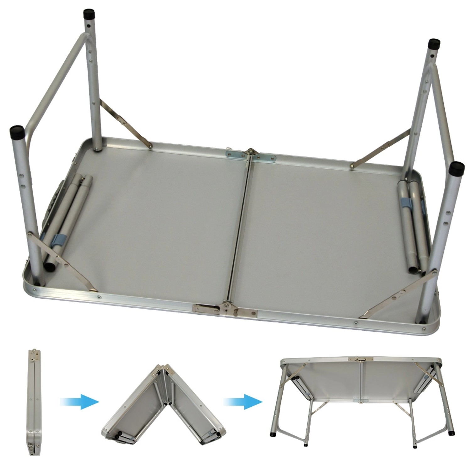 AMANKA Campingtisch, höhenverstellbar, 90x60 cm, mit 2 Falthockern, grau, klappbar.