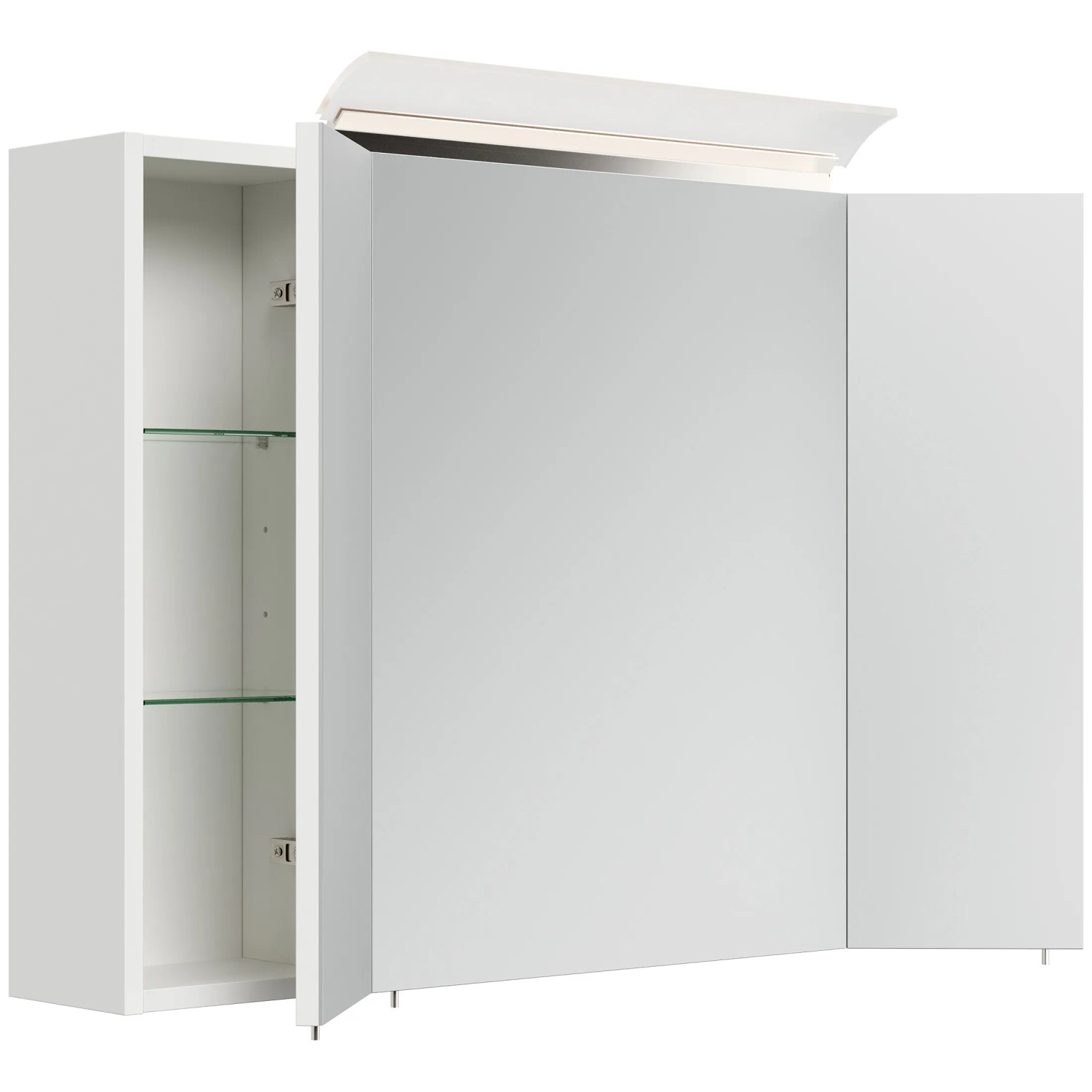 Posseik Spiegelschrank 90 cm, weiß hochglanz, mit LED-Lampe und Glasböden.