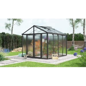 Schwarzes Vitavia Gewächshaus Zeus Comfort 8100 mit Hohlkammerplatten (10mm) im Garten.