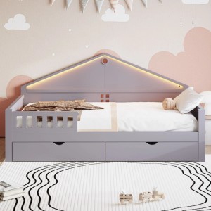 Graues Kinderbett 90x200cm mit Haus-Kopfteil, LED-Beleuchtung, 2 Schubladen und Rausfallschutz aus Holz.