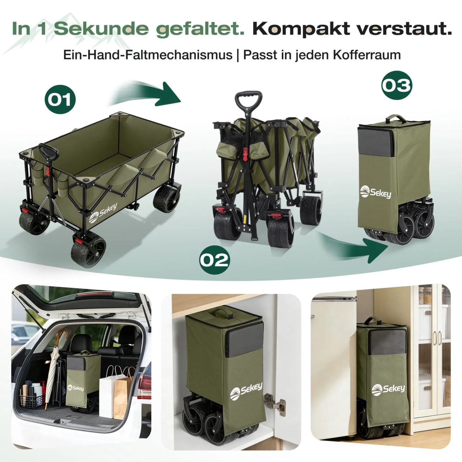 Sekey XXL Bollerwagen, faltbar, olivgrün: Vom Aufgebauten zum kompakten Packmaß in 3 Schritten.