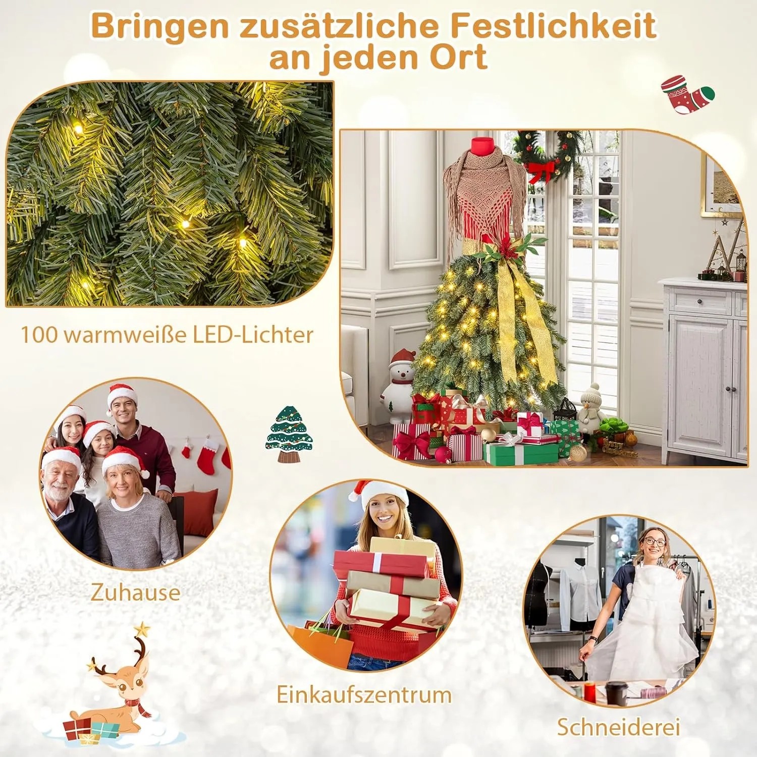 Costway Weihnachtsbaum 150cm als Schaufensterpuppe, grün, mit roten Beeren, Schal, LED-Lichtern. Ideal für Zuhause & Geschäft.