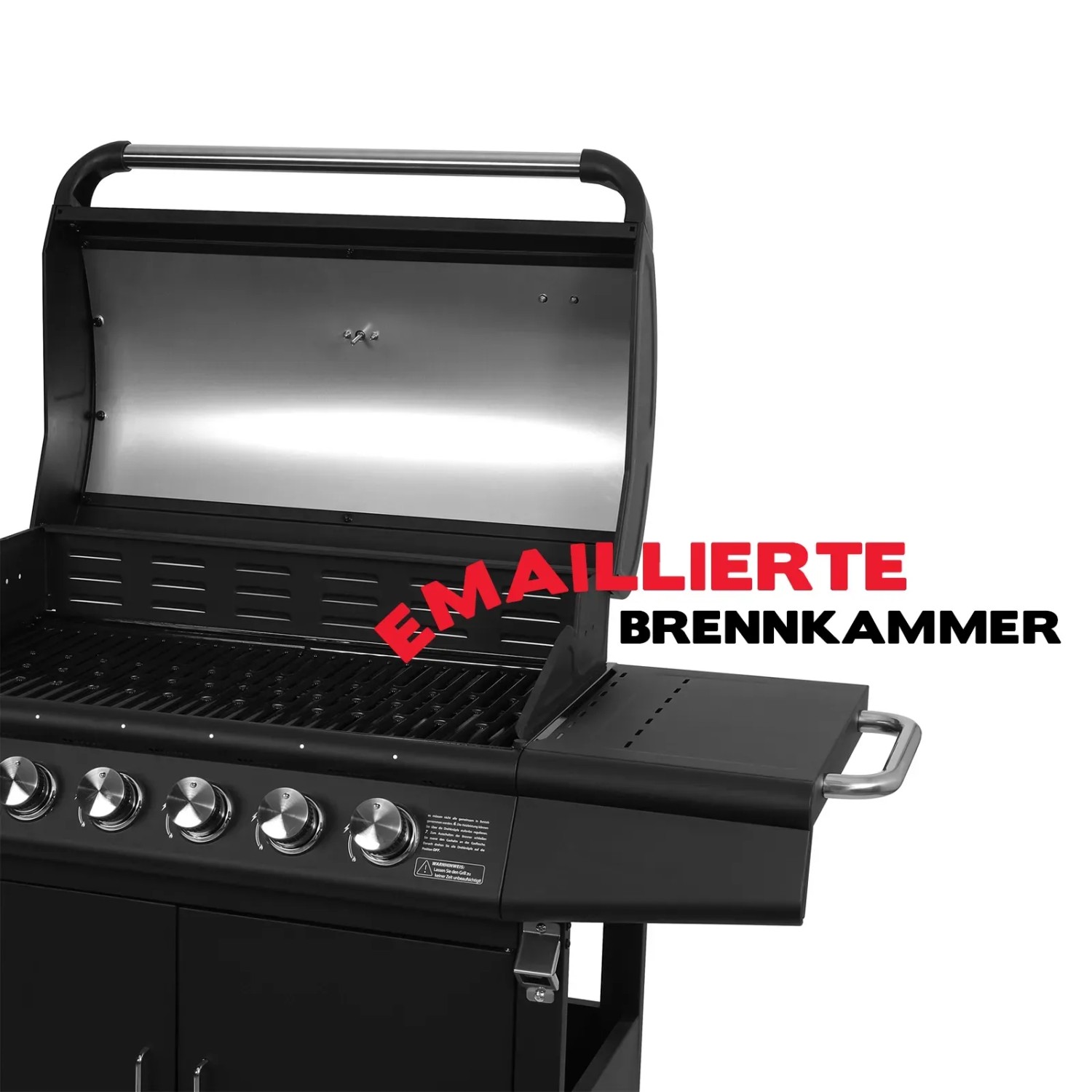 Schwarzer Taino Red 6+1 Gasgrill mit Drehspieß und Seitenbrenner, Grillwagen mit geöffnetem Deckel.