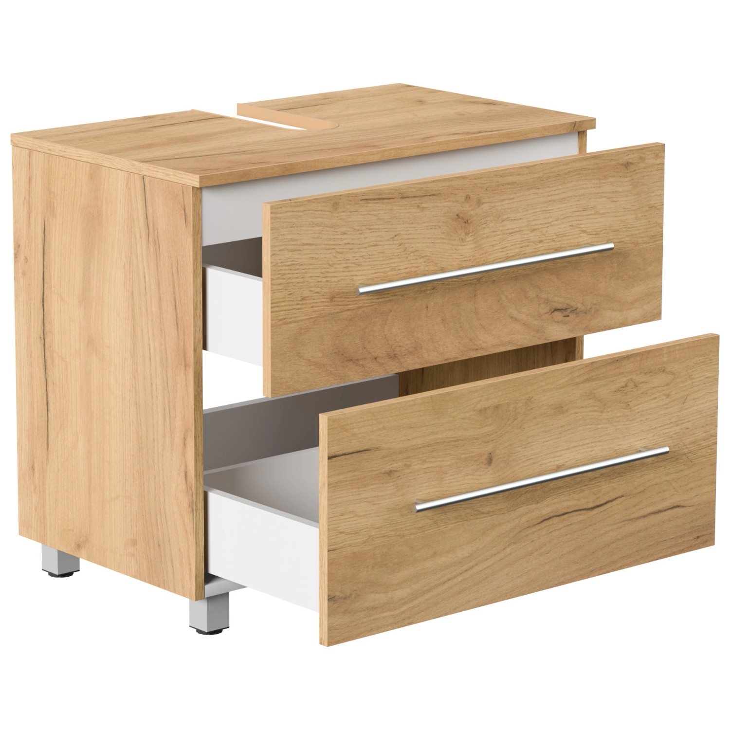 Posseik Waschbeckenunterschrank Mondial 70 cm in Eiche Gold mit zwei offenen Schubladen.