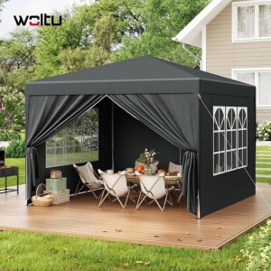 Anthrazitfarbener WOLTU Pop-Up Pavillon 3x3m mit Pagodendach im Garten.