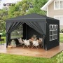 Anthrazitfarbener WOLTU Pop-Up Pavillon 3x3m mit Pagodendach im Garten.