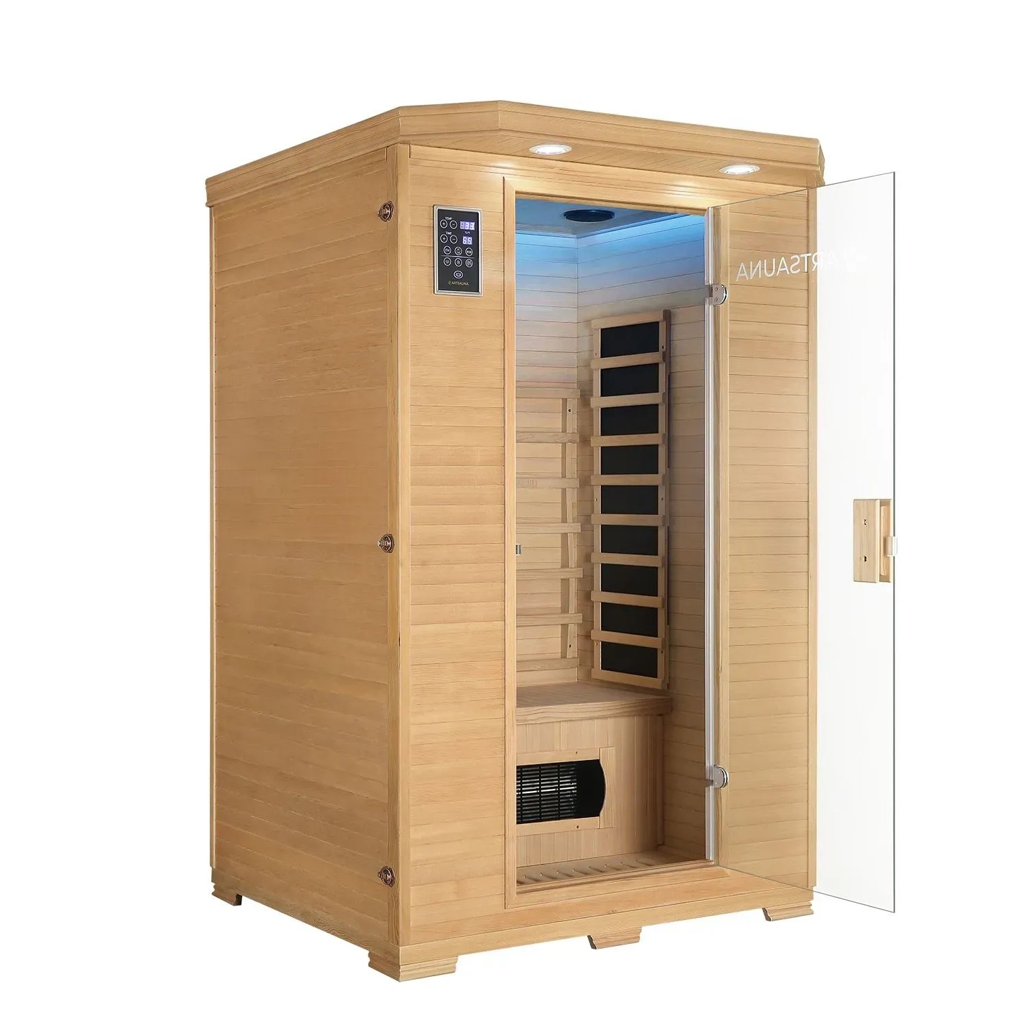 Artsauna Infrarotkabine Oslo aus Hemlockholz mit Glasfront und LED-Beleuchtung.