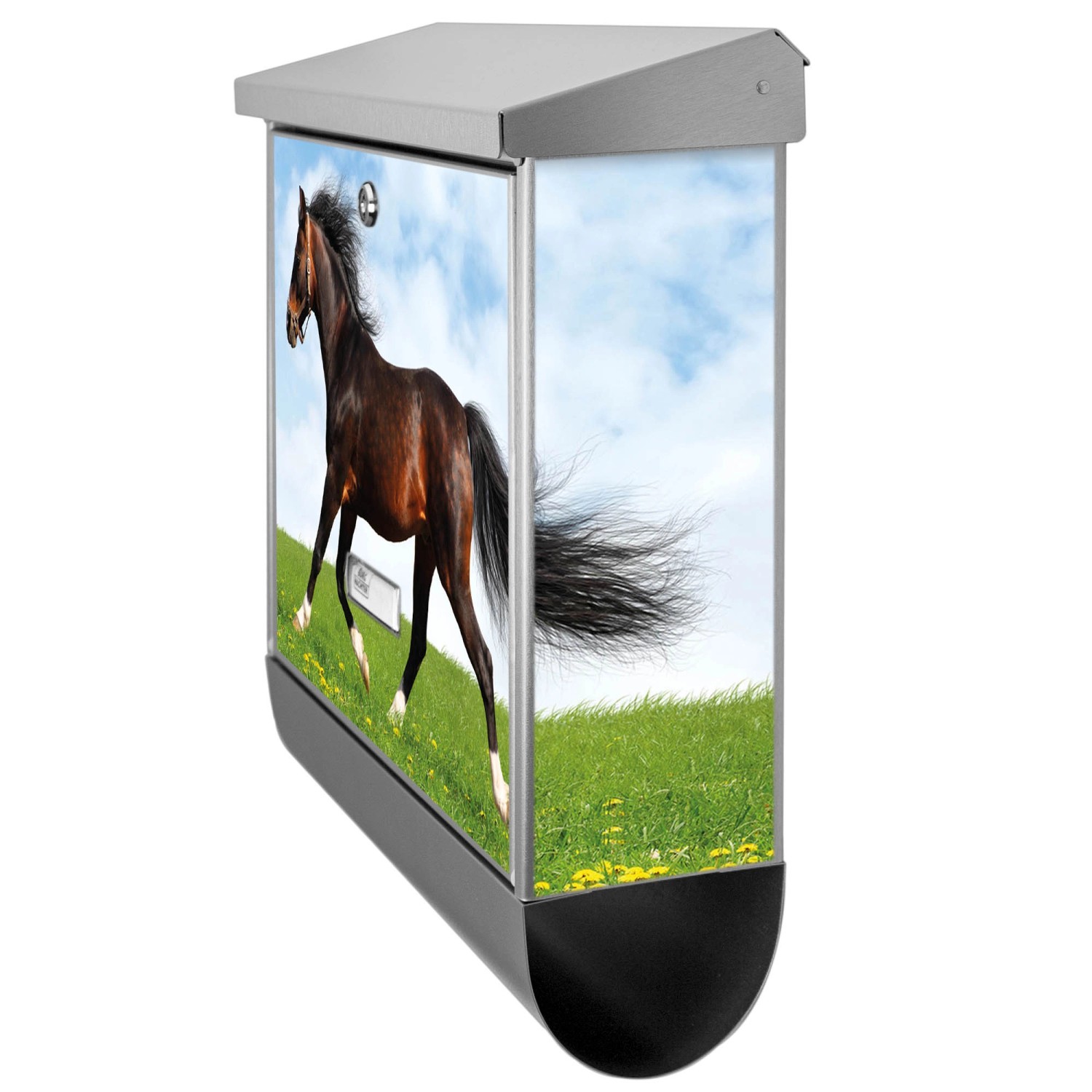 Edelstahl Briefkasten mit Zeitungsfach und Pferde Motiv, 38x39x12cm.