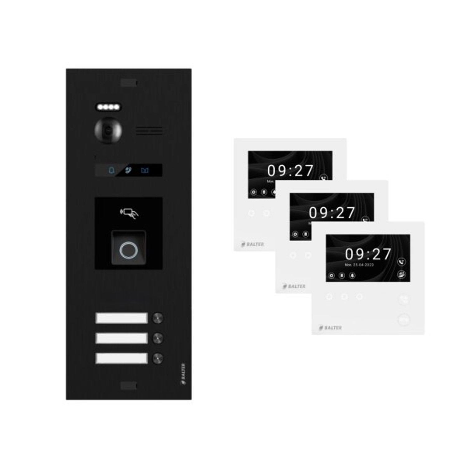 Balter Evo-HD-Mini Video Türsprechanlage mit Fingerprint Komplettset für 3-Familienhaus mit 3x 4,3 Zoll Monitor Schwarz