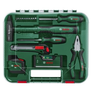 Bosch Universal Werkzeug-Set, 17-teilig im grünen Koffer mit Hammer, Zange, Schraubendreher, Cutter, Wasserwaage, Maßband und Bits.