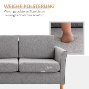 Graues HOMCOM 2 Sitzer Sofa mit 14cm dicker, weicher Polsterung in Leinenoptik. Hand drückt in Kissen.