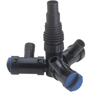 Oase Multi WD 1 Wasserverteiler für Teichpumpen, mit drei Ausgängen und blauem Verschluss.