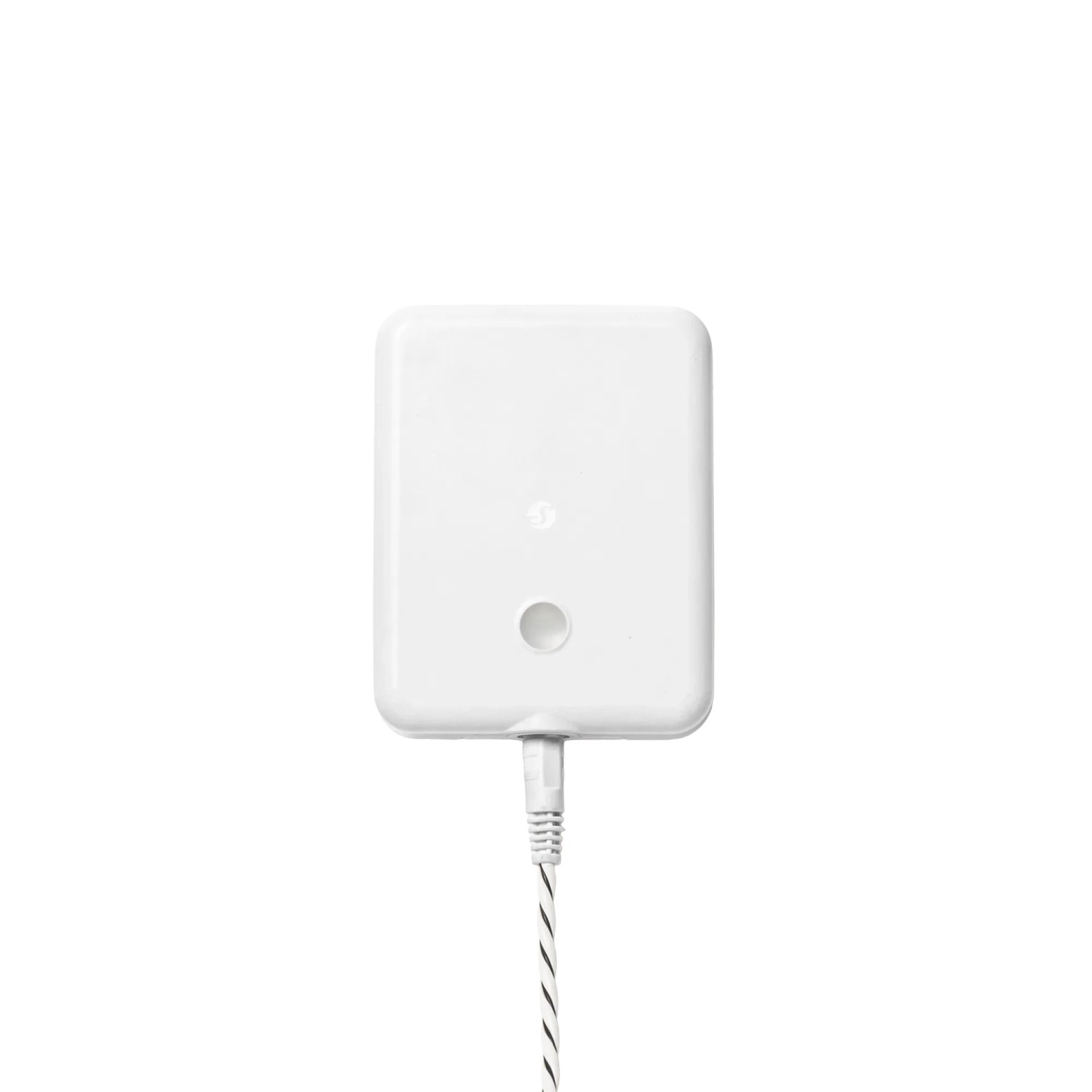 Weißer Shelly Wassersensor Flood Gen4 zur Hausautomation mit Leck-Sensorkabel.
