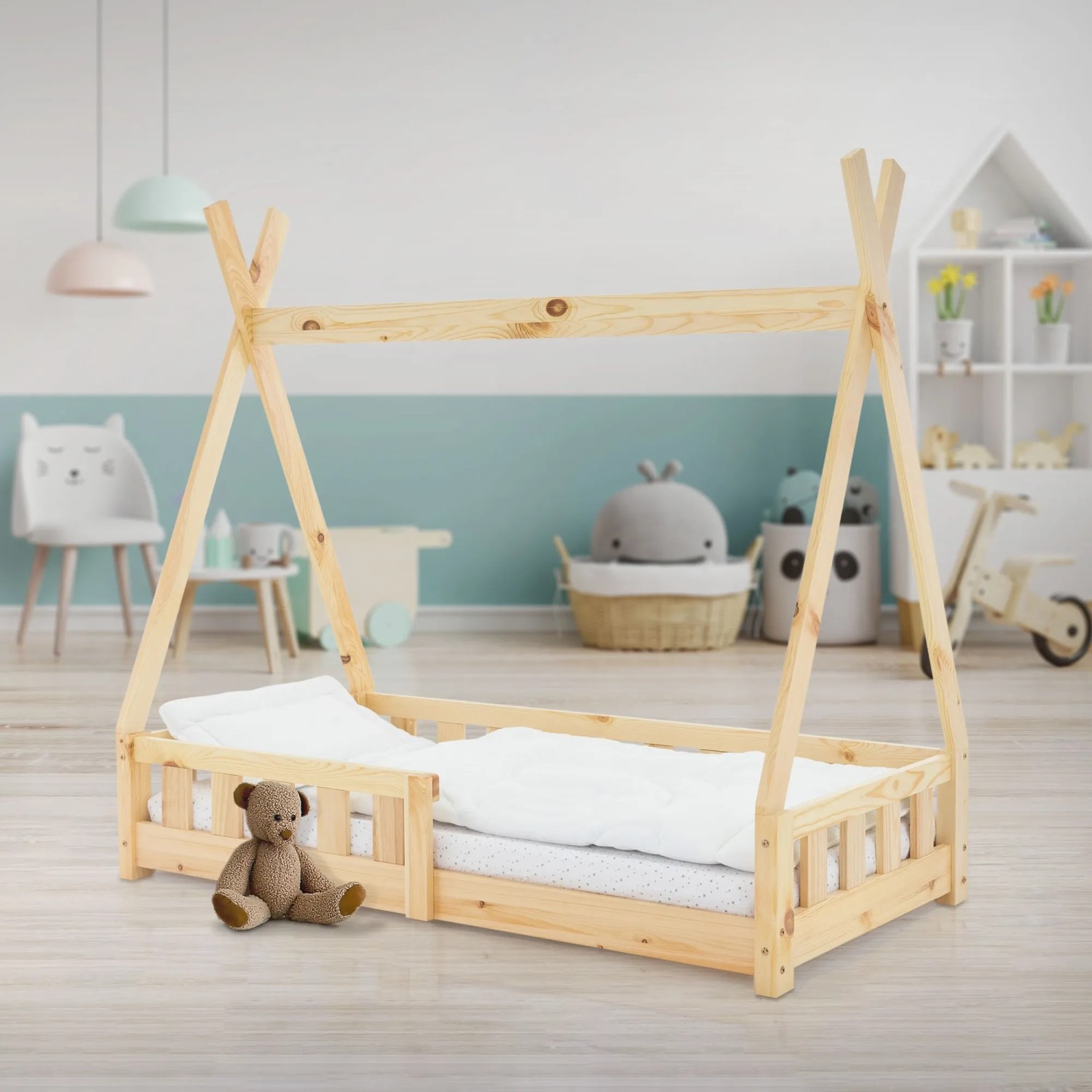 ML-Design Tipi Kinderbett 70x140cm Natur mit Rausfallschutz und Lattenrost.