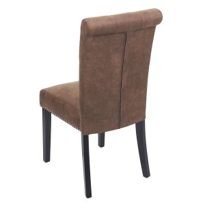 Brauner MCW Esszimmerstuhl Chesterfield 2er-Set mit dunklen Beinen, Stoffbezug und Ziernägeln.