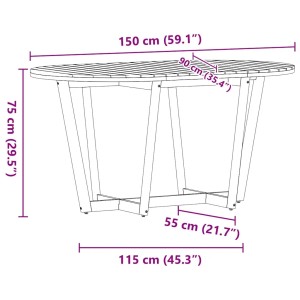 Skizze eines ovalen Garten-Esstischs aus Akazienholz mit Maßen 150x90x75 cm.