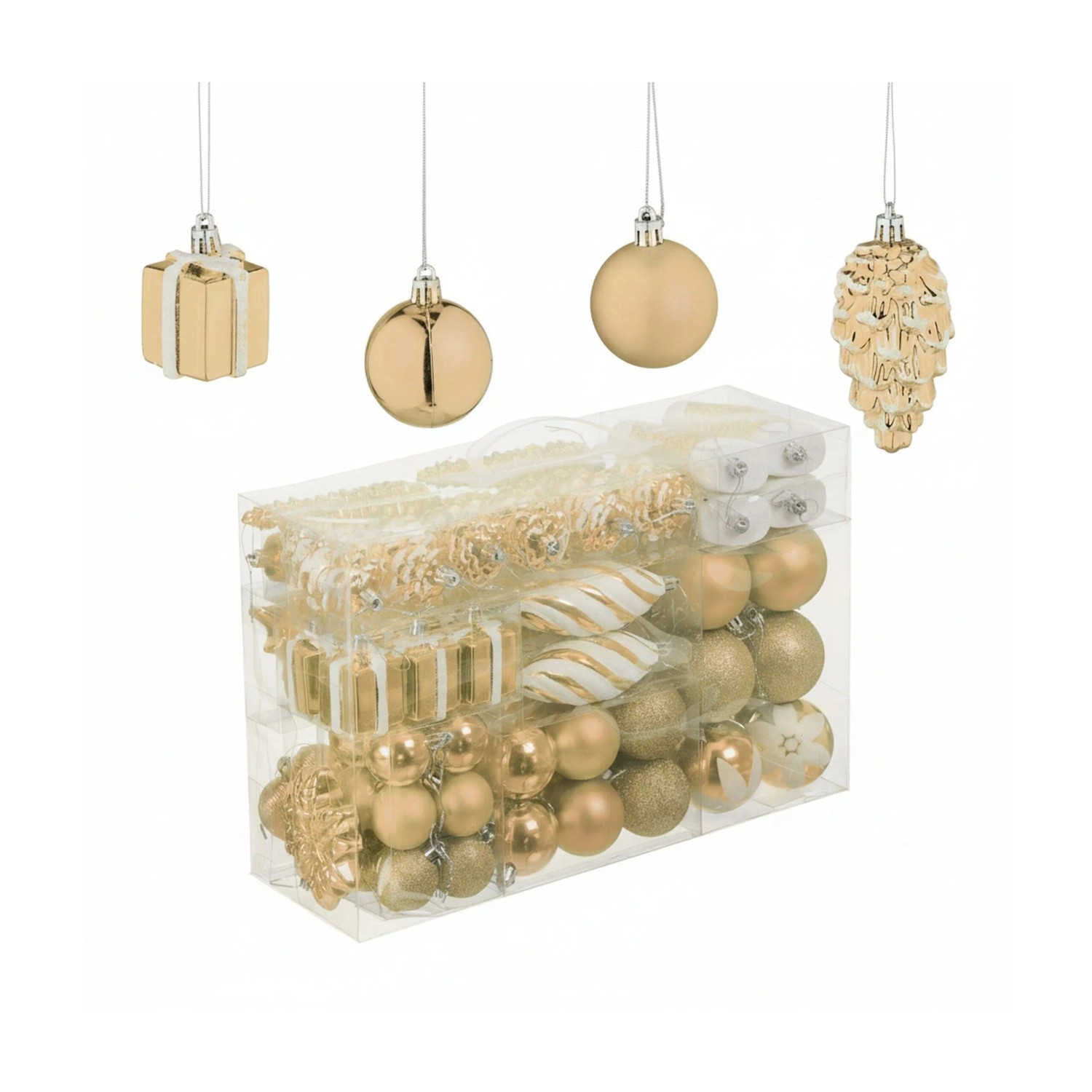 Relaxdays Weihnachtskugeln 72er Set Polystyrol Champagner mit Bändchen 24 x 38 x 12 cm 780 g