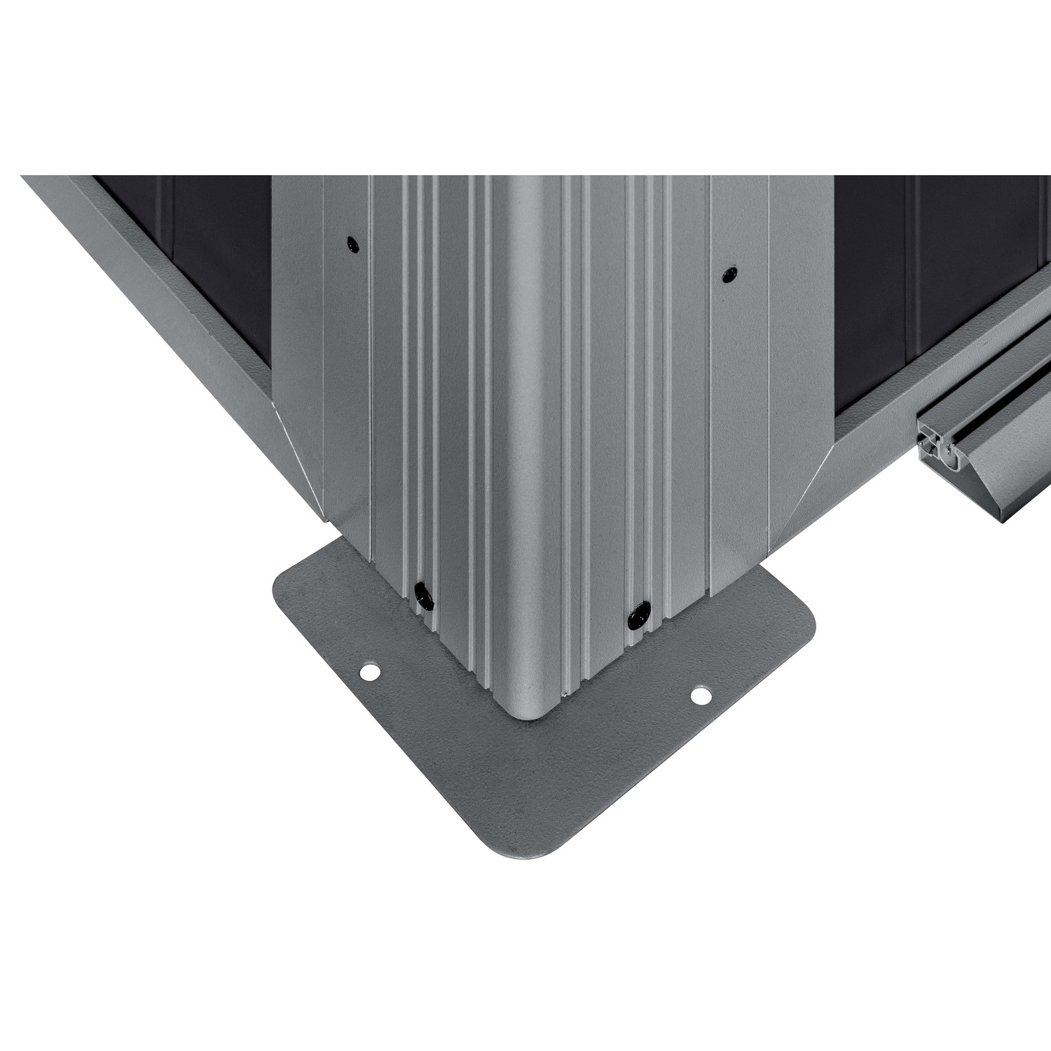 Detailaufnahme: Eckelement des schwarzen Sojag Olan Pavillons/Wintergartens mit Aluminiumkonstruktion.