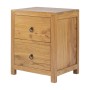 Nachttisch Pilabo aus hellem Mindi-Holz, rustikal, mit 2 Schubladen und schwarzen Ringgriffen, 45 cm breit.