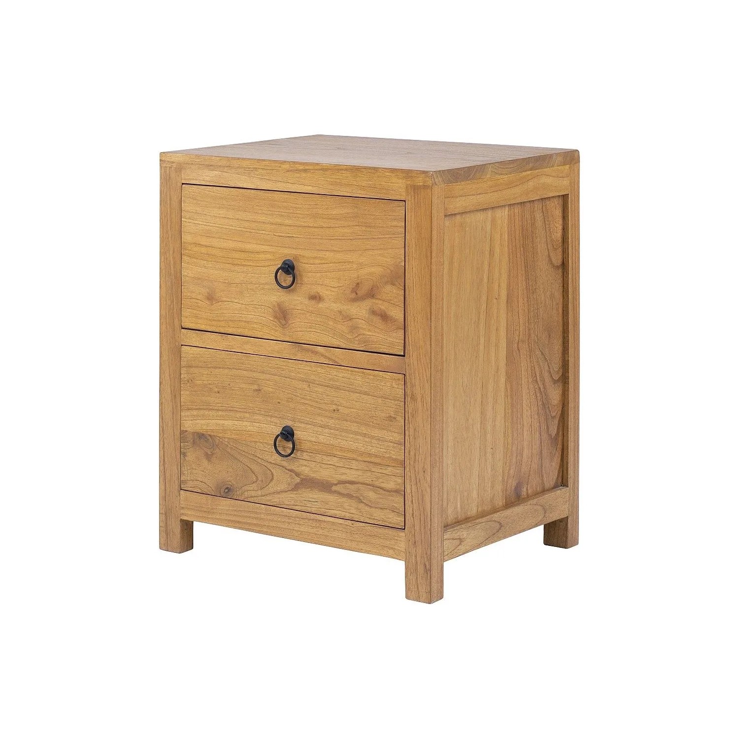 Nachttisch Pilabo aus hellem Mindi-Holz, rustikal, mit 2 Schubladen und schwarzen Ringgriffen, 45 cm breit.