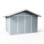 Grosfillex Gerätehaus Utility 7,5 m² in Graublau: Kunststoff-Gartenhaus mit Doppeltür und Satteldach.