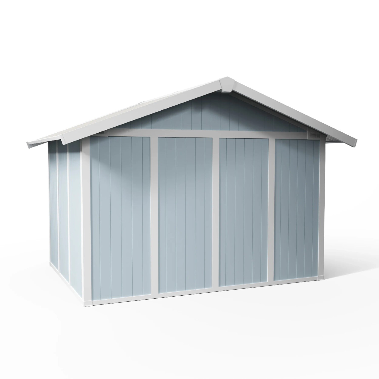 Grosfillex Gerätehaus Utility 7,5 m² in Graublau: Kunststoff-Gartenhaus mit Doppeltür und Satteldach.
