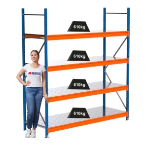 PROREGAL Weitspannregal MAXIMUS PRO Grundregal, blau/orange, mit 4 Stahlplatten-Fachböden und Gewichtsangabe.