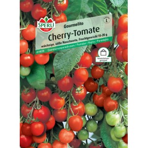 Samenpackung Sperli Cherry-Tomate Gourmelito F1-Hybride mit reifen, roten Tomaten am Strauch.